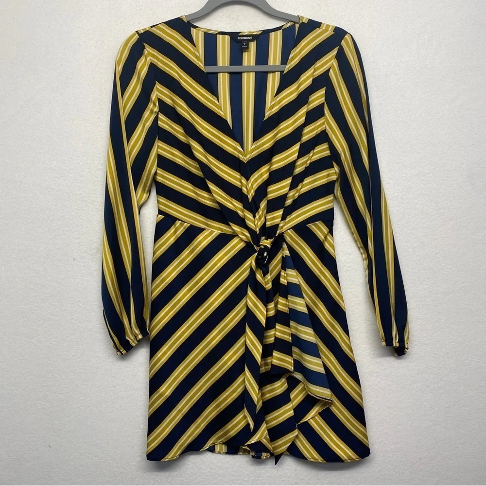 Express Stripe Satin Tunic Blouse Navy Yellow S Petite‎